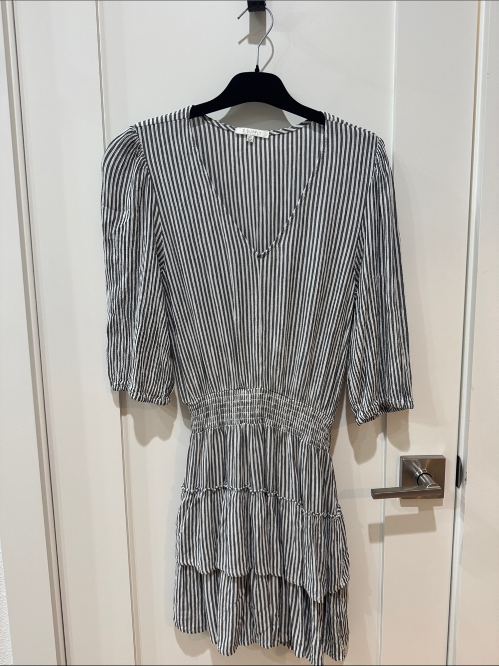 Z Supply Black & White Striped V-Neck Smocked Mini Dress